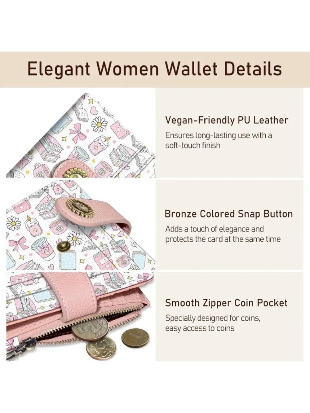 Chic RFID Wallet for Book Lovers | Compact Bifold Zipper Coin Pocket | 10 Card